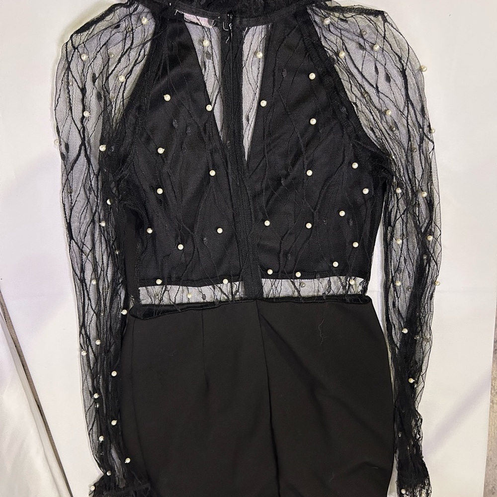 Sheer Long Sleeve dress with Pearl Accents goth LBD black whimisgoth